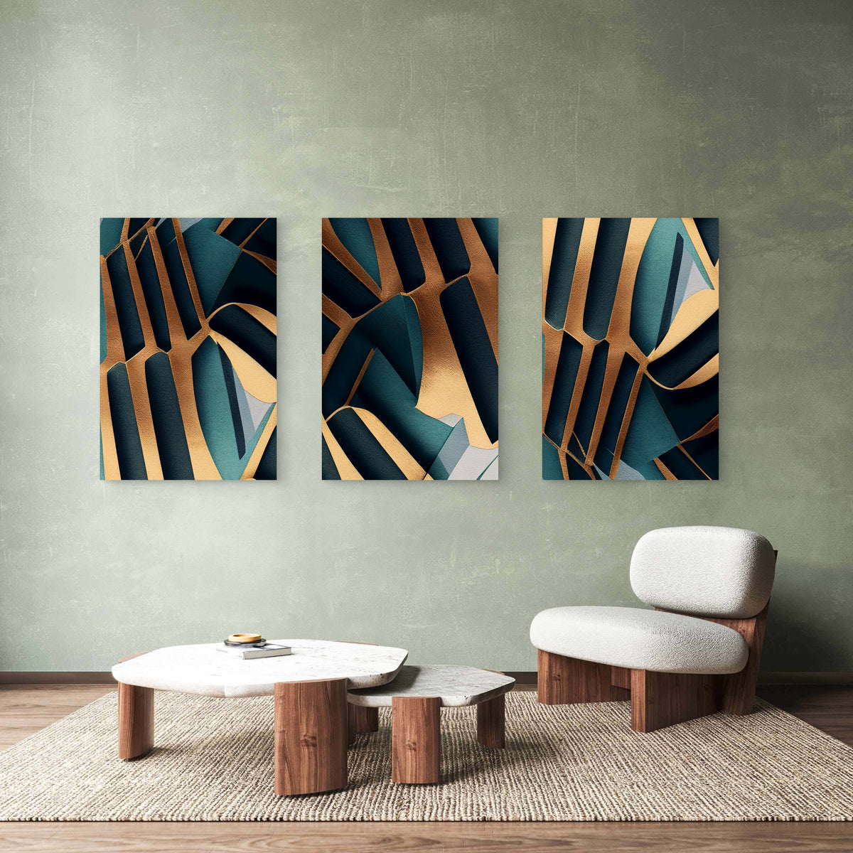 3pcs Modern Abstract Geometric Emerald Gold Wall Art Set Canvas Framed 40x60cm - High Quality Print 100% Australian Made Wall Canvas Ready to Hang