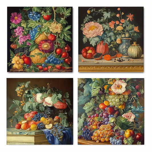 4pcs Abstract Fruit And Flower Canvas Art Prints Wall Art Canvas Framed