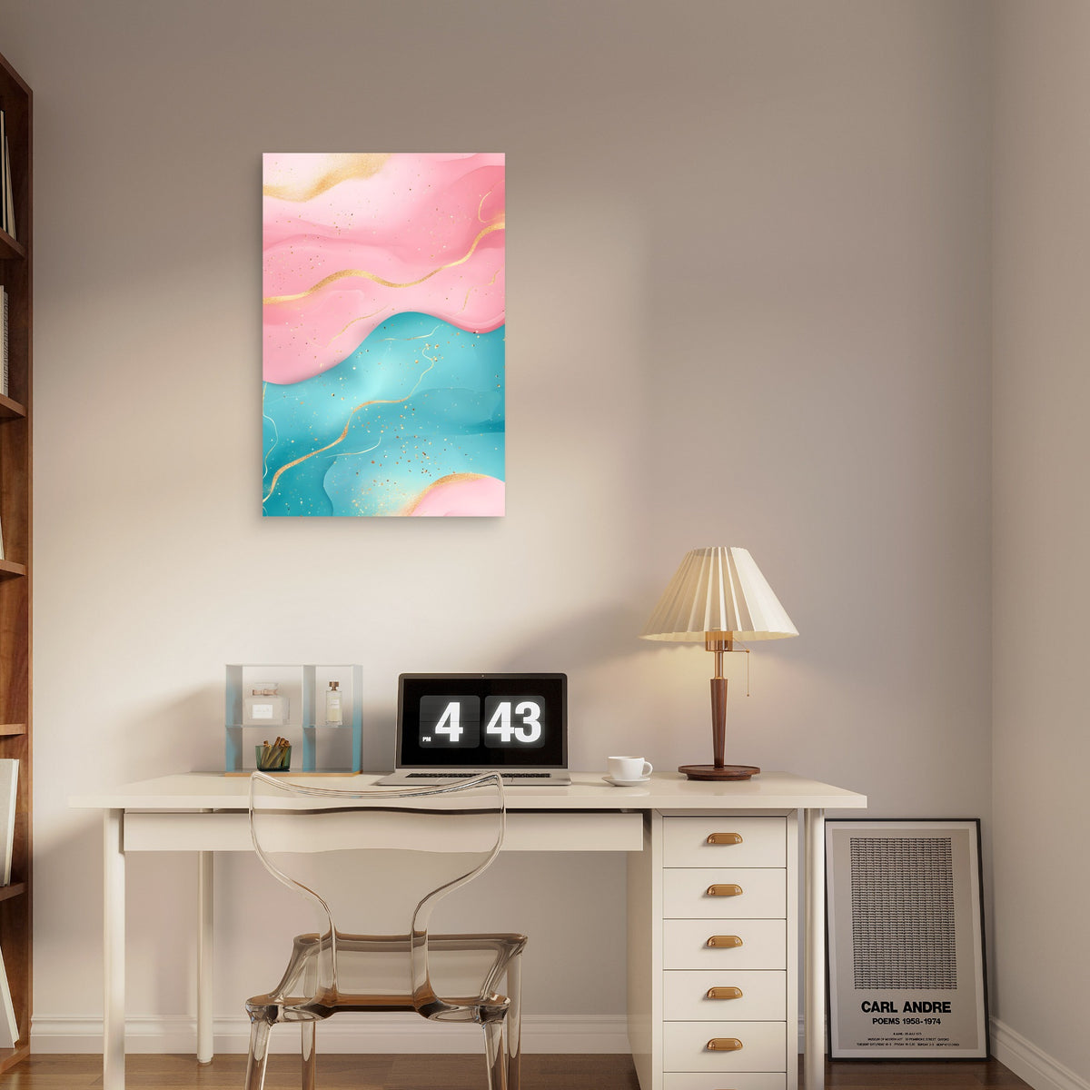 Pink Teal Gold Abstract Fluid Ink 40x60cm Metal Print Ready to Hang