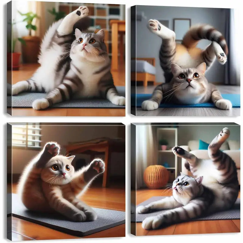 4pcs Charming Rustic Cat Wall Art Canvas Framed