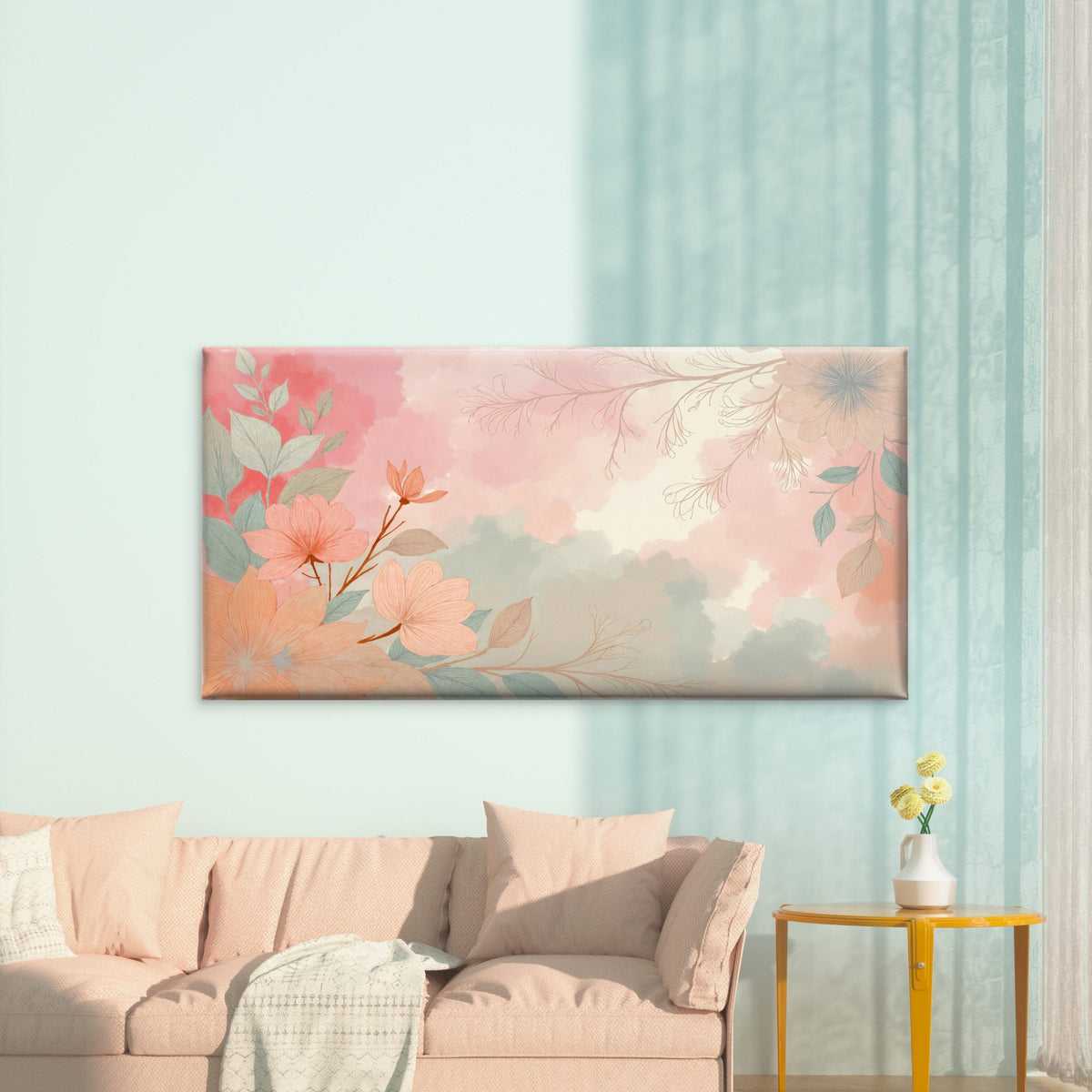 Serene Pink Botanical Blossom Wall Art Canvas Office Home Room Framed 120x60cm