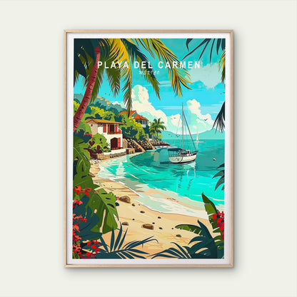 Playa Del Carmen Mexico, Beach and Palms Travel Poster Print Wall Art