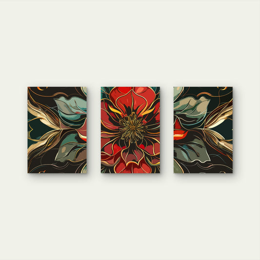 3pcs Red Green Gold Luxury Botanical Leaf Wall Art Set Canvas Framed 60x90cm - High Quality Print 100% Australian Made Wall Canvas Ready to Hang
