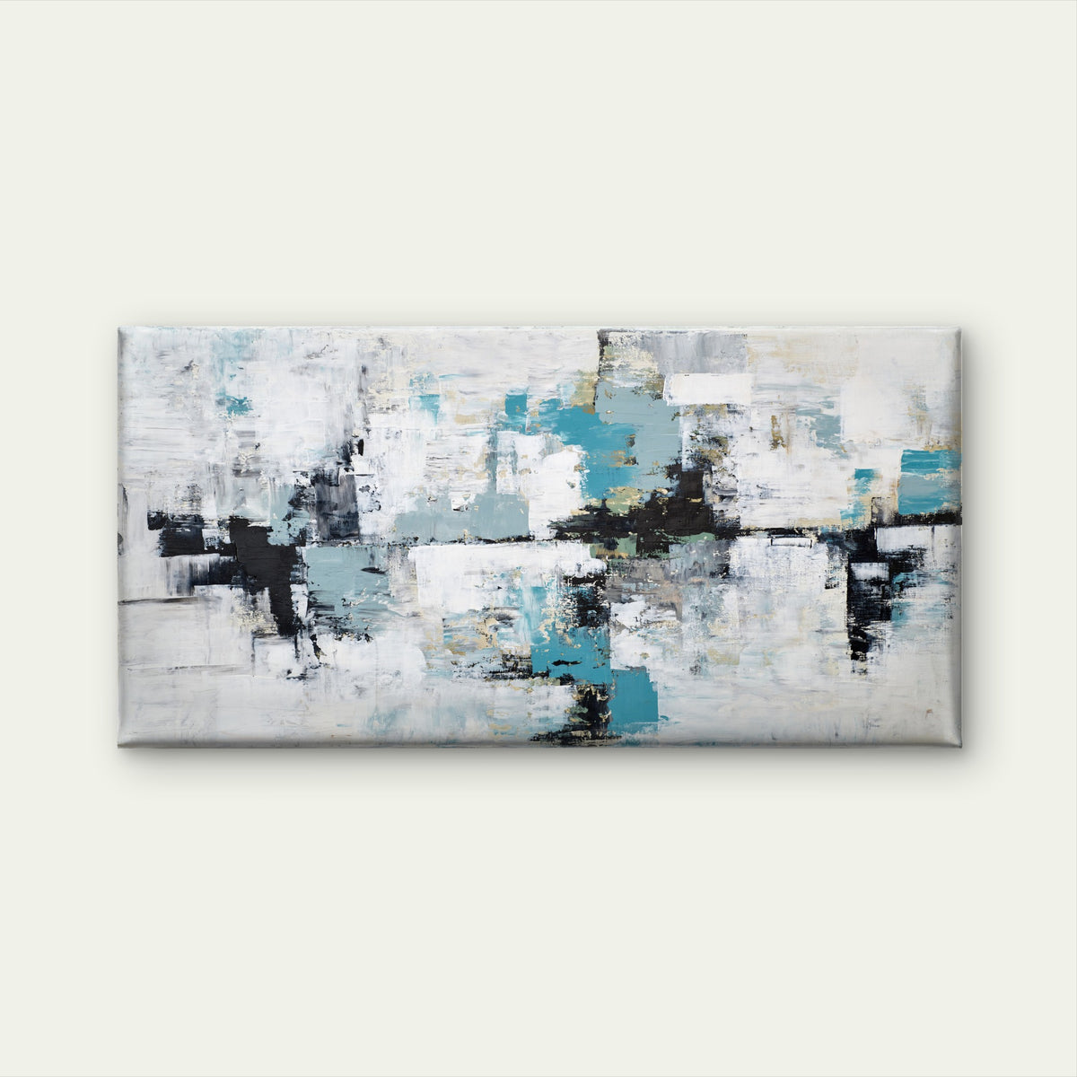Teal Grey Block Abstract Wall Art Canvas Office Home Room Framed 120x60cm