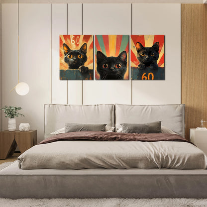 3pcs Mid Century Modern Minimalist Painting, Black Cat Metal Print Ready to Hang Art