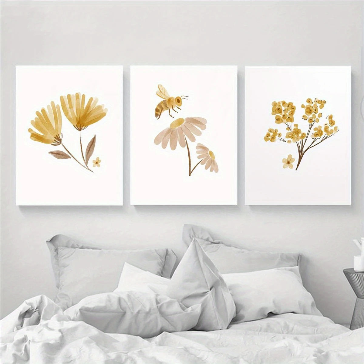 3pcs Watercolor Boho Floral Bee Golden Flowers Metal Print Ready to Hang Art