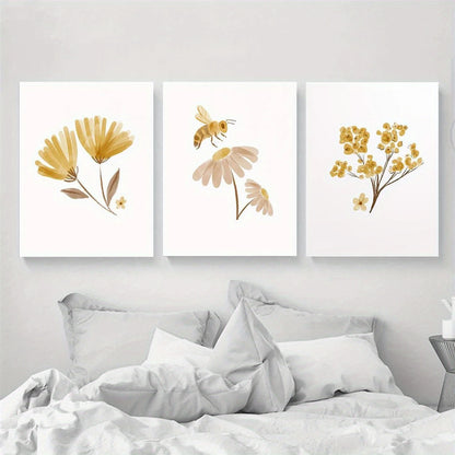 3pcs Watercolor Boho Floral Bee Golden Flowers Metal Print Ready to Hang Art