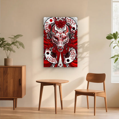 Mysterious Fox Mask with Japanese Floral 60x90cm Metal Print Ready to Hang - Bella Home Decor