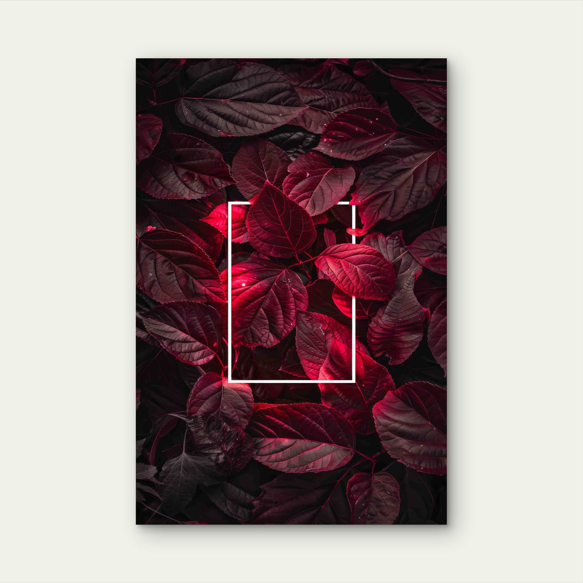 Glowing Rectangle Amidst Vibrant Red and Black Leaves 60x90cm Metal Print Ready to Hang