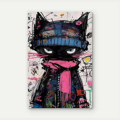 Black Cat with Blue Hat & Pink Scarf Metal Print Ready to Hang