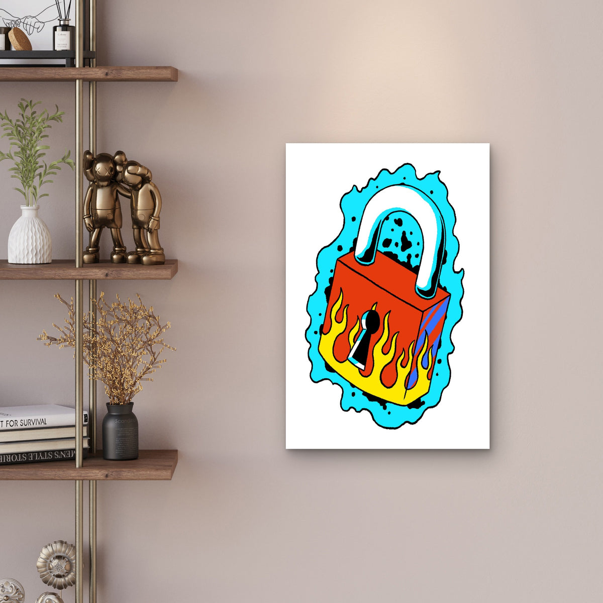 Retro Fire Padlock Design 60x90cm Metal Print Ready to Hang