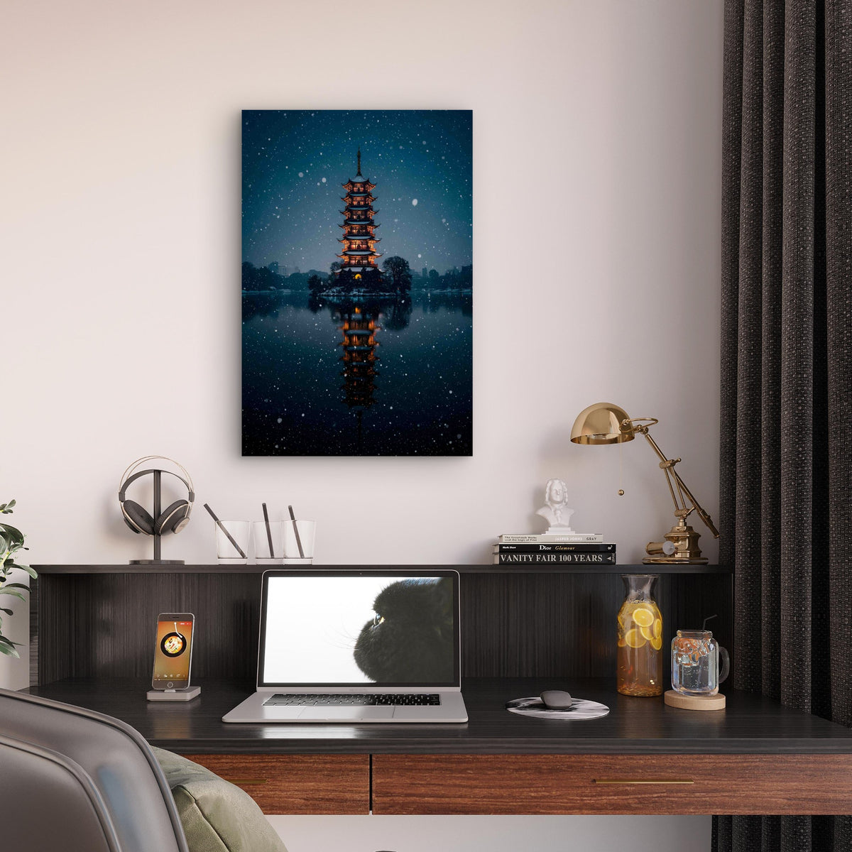 Japanese Pagoda Winter Wonderland 40x60cm Metal Print Ready to Hang