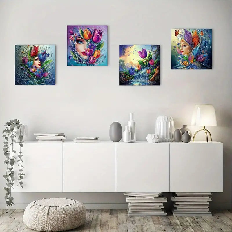 4pcs Vibrant Water Drop Flower Wall Art Canvas Framed