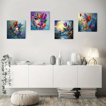4pcs Vibrant Water Drop Flower Wall Art Canvas Framed