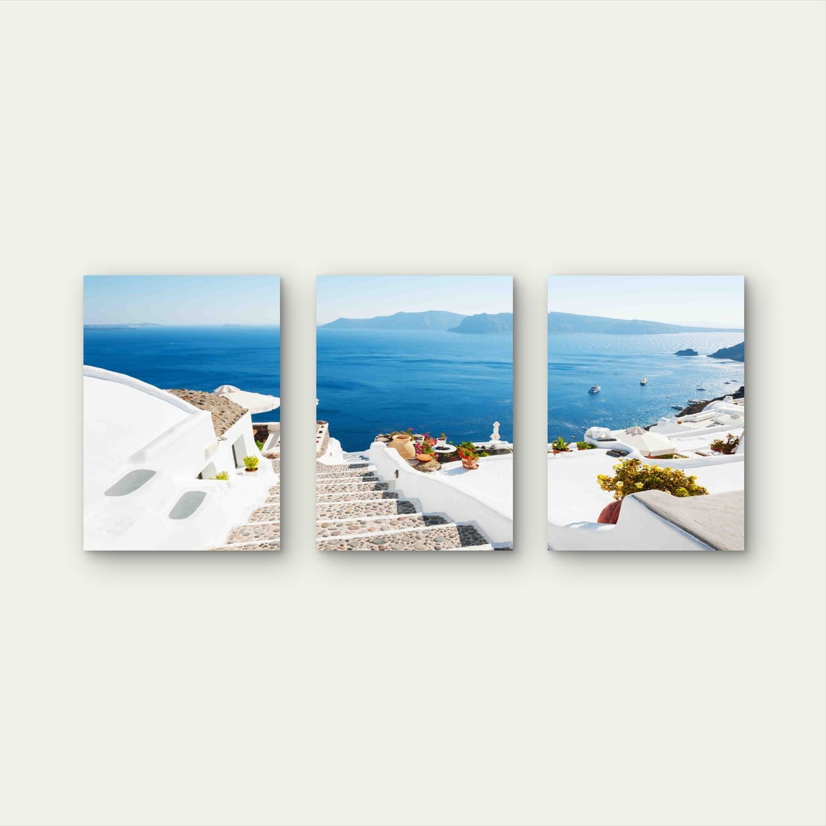 3pcs White Architecture On Santorini Island Metal Print Ready to Hang Art