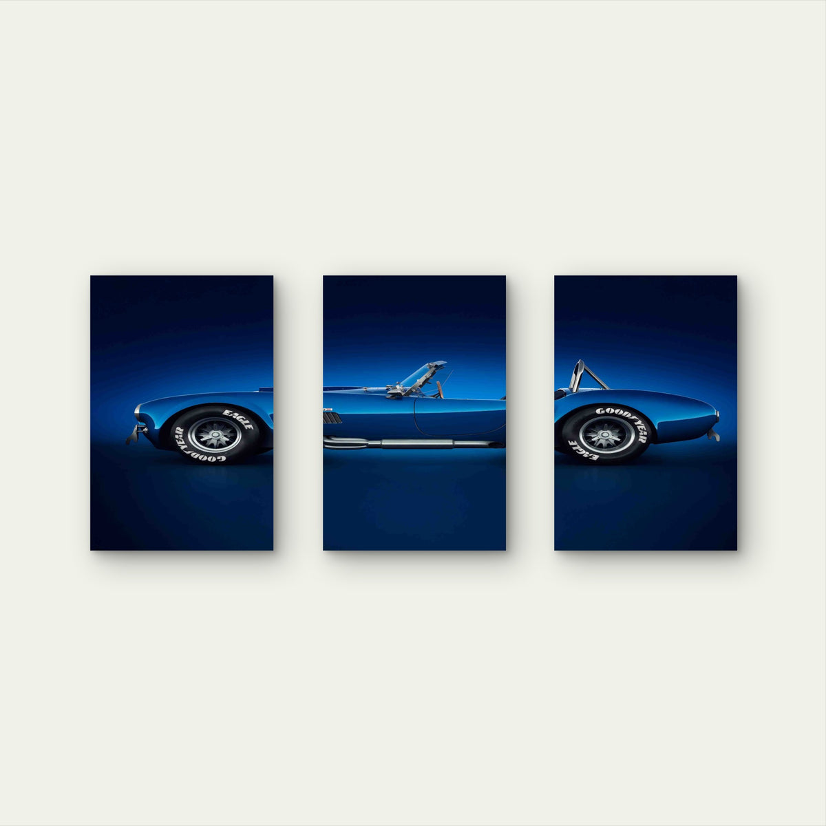 3pcs Electric Blue Retro Roadster Metal Print Ready to Hang Art