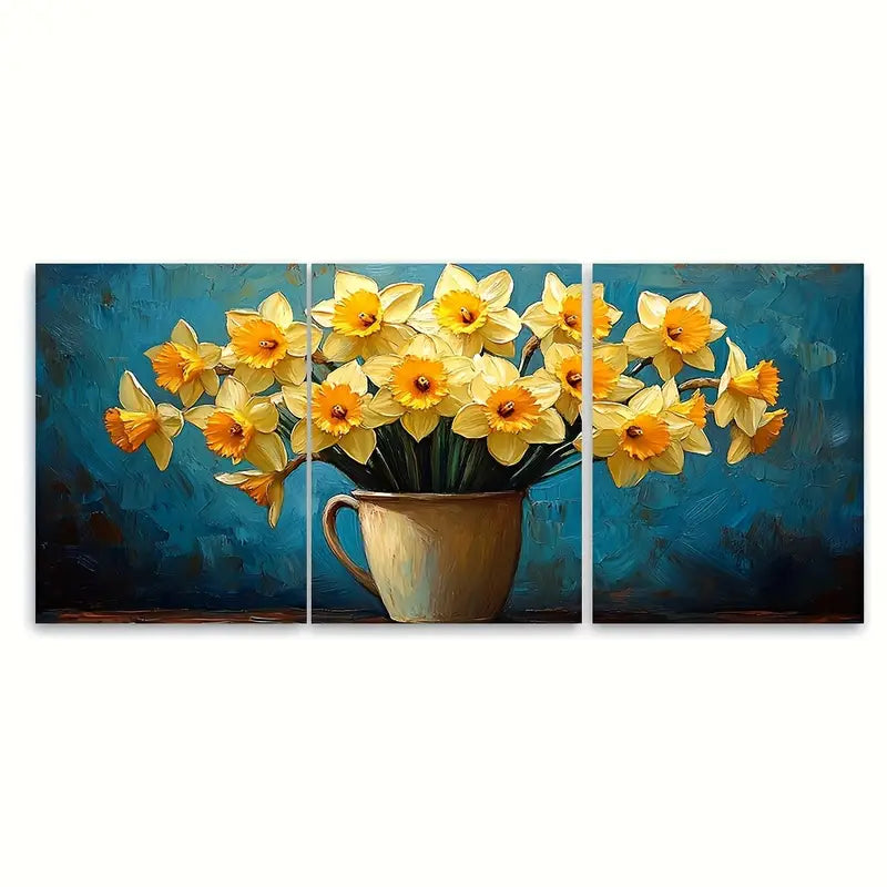 3pcs Yellow Daffodil Still Life Painting Wall Art Set Canvas Framed 40x60cm - High Quality Print 100% Australian Made Wall Canvas Ready to Hang