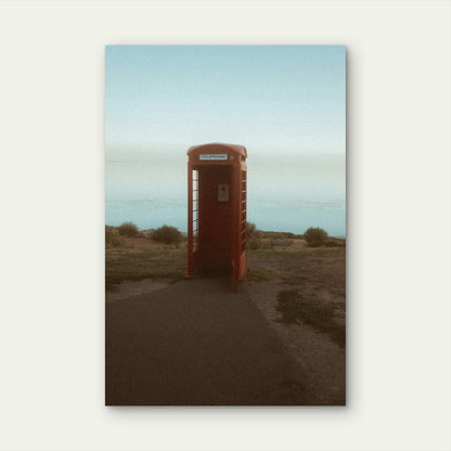 Classic Red British Telephone Booth on Cliff by Ocean 40x60cm Metal Print Ready to Hang