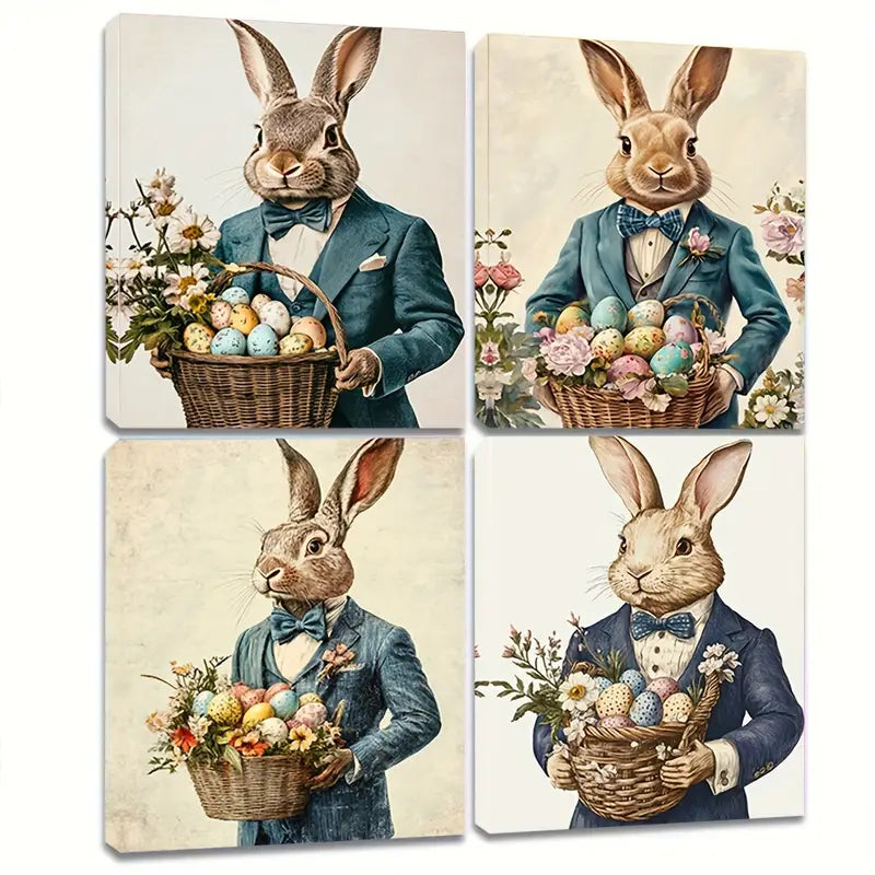 4pcs Easter Bunny in Blue Suit and Bow Tie Ho  Wall Art Canvas Framed
