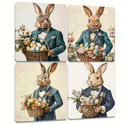 4pcs Easter Bunny in Blue Suit and Bow Tie Ho  Wall Art Canvas Framed