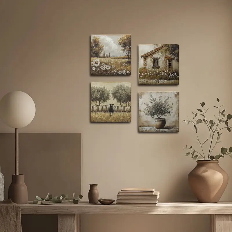 4pcs Wild House With Shep Golden Background Wall Art Canvas Framed