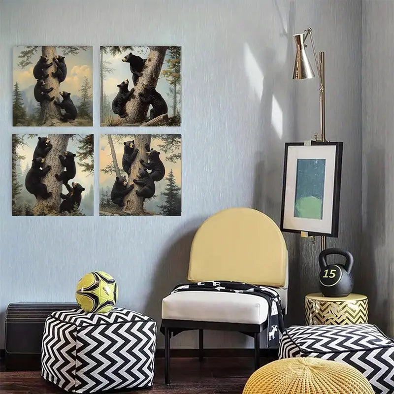 4pcs Paintings Brown Bear    Wall Art Canvas Framed