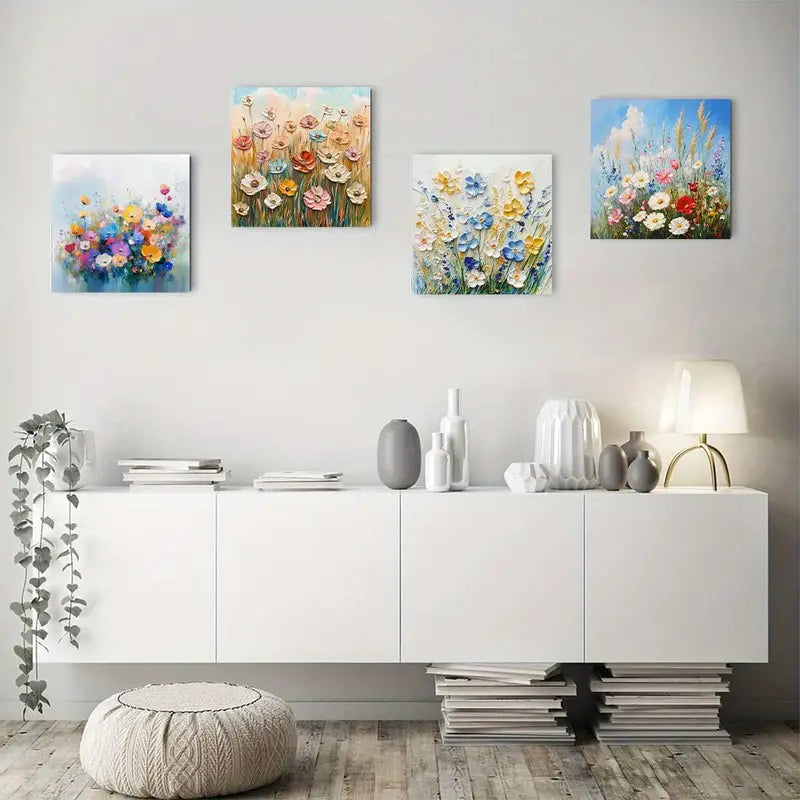 4pcs Elegant abstract Colorful wildflowers   Wall Art Canvas Framed