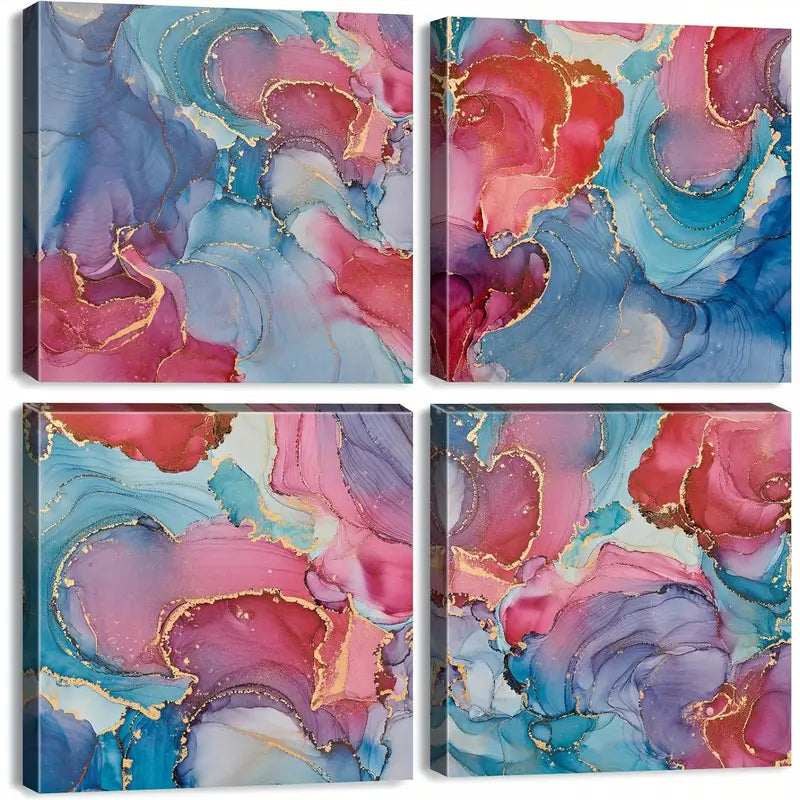 4pcs Vibrant Pink, Turquoise, And Blue FluidWall Art Canvas Framed
