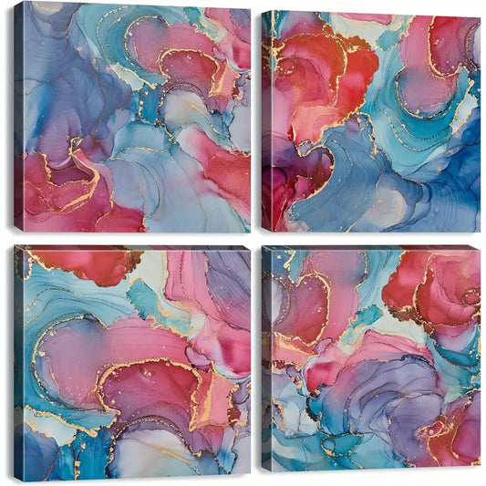 4pcs Vibrant Pink, Turquoise, And Blue FluidWall Art Canvas Framed