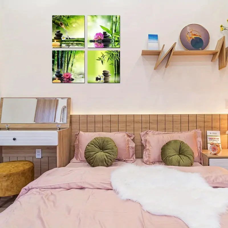 4pcs Bamboo Green Nature Zen SPA Wall Art Canvas Framed