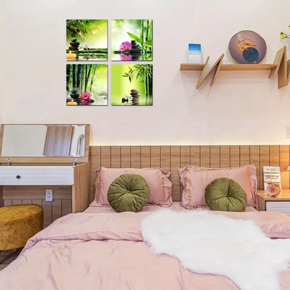 4pcs Bamboo Green Nature Zen SPA Wall Art Canvas Framed