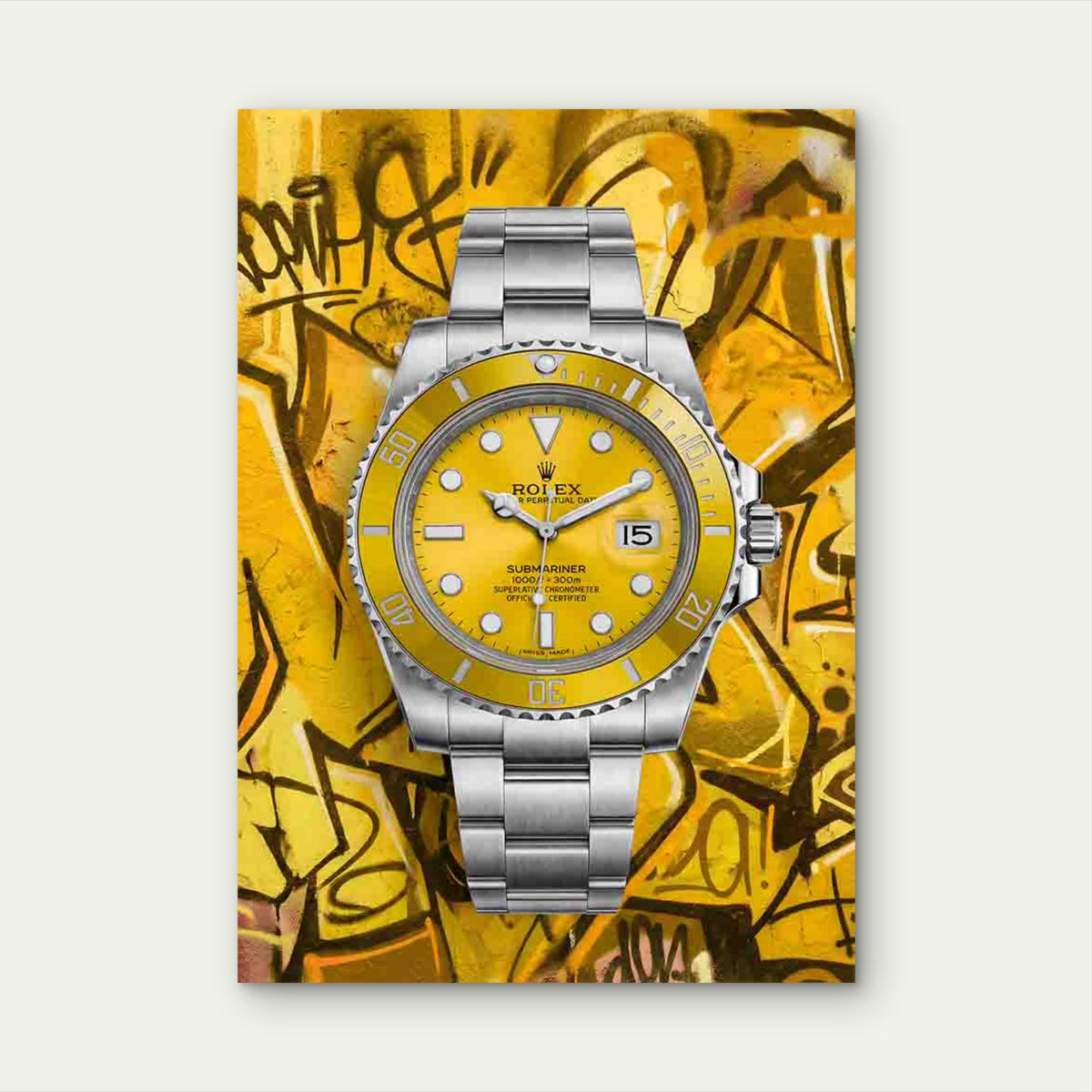 Yellow Luxury Watch Graffiti 40x60cm Metal Print Ready to Hang