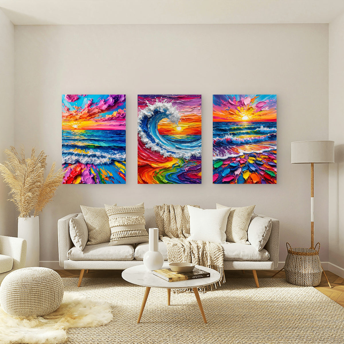 3pcs Vibrant Colorful Ocean Wave Impasto Sunset Painting Wall Art Set Canvas Framed 60x90cm - High Quality Print 100% Australian Made Wall Canvas Ready to Hang