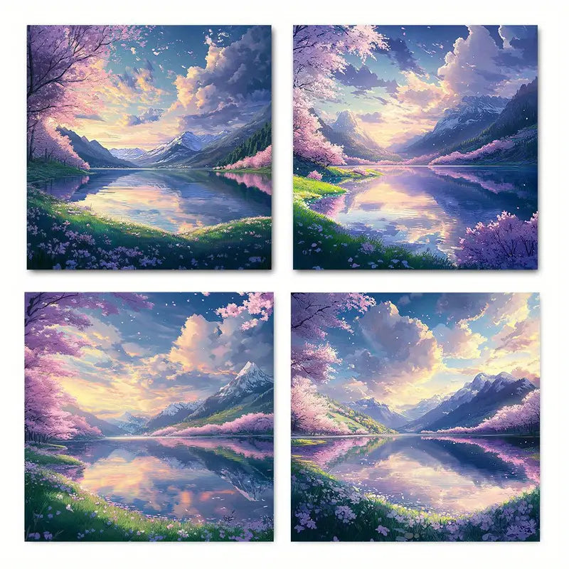 4pcs  Mountain Sakura Lake Picture  TR   Wall Art Canvas Framed