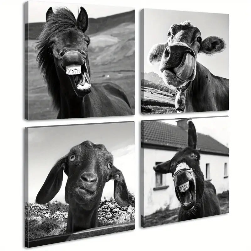 4pcs Horse Donkey Sheep Cow Canvas Pictures Wall Art Canvas Framed