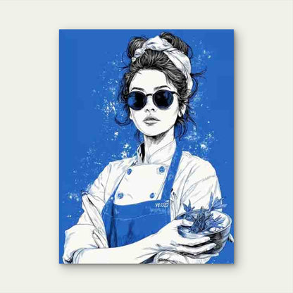 Chef with Plants & Fashion Glasses in Blue Tones Metal Print Ready to Hang
