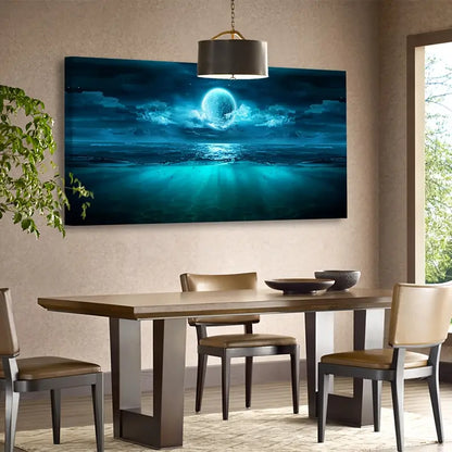 Moon Sea Blue Seascape Night Sky Wall Art canvas office home room framed 120x60cm