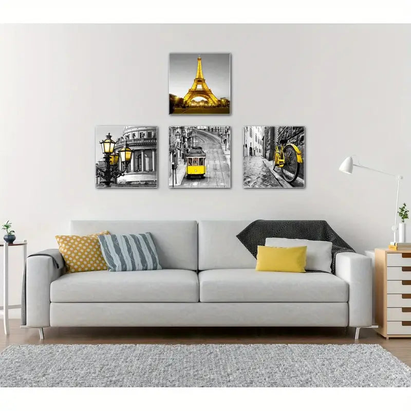 4pcs Vintage Tram & Charming Black and White   Wall Art Canvas Framed