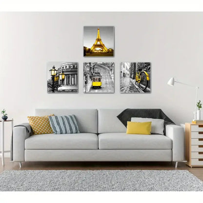 4pcs Vintage Tram & Charming Black and White   Wall Art Canvas Framed
