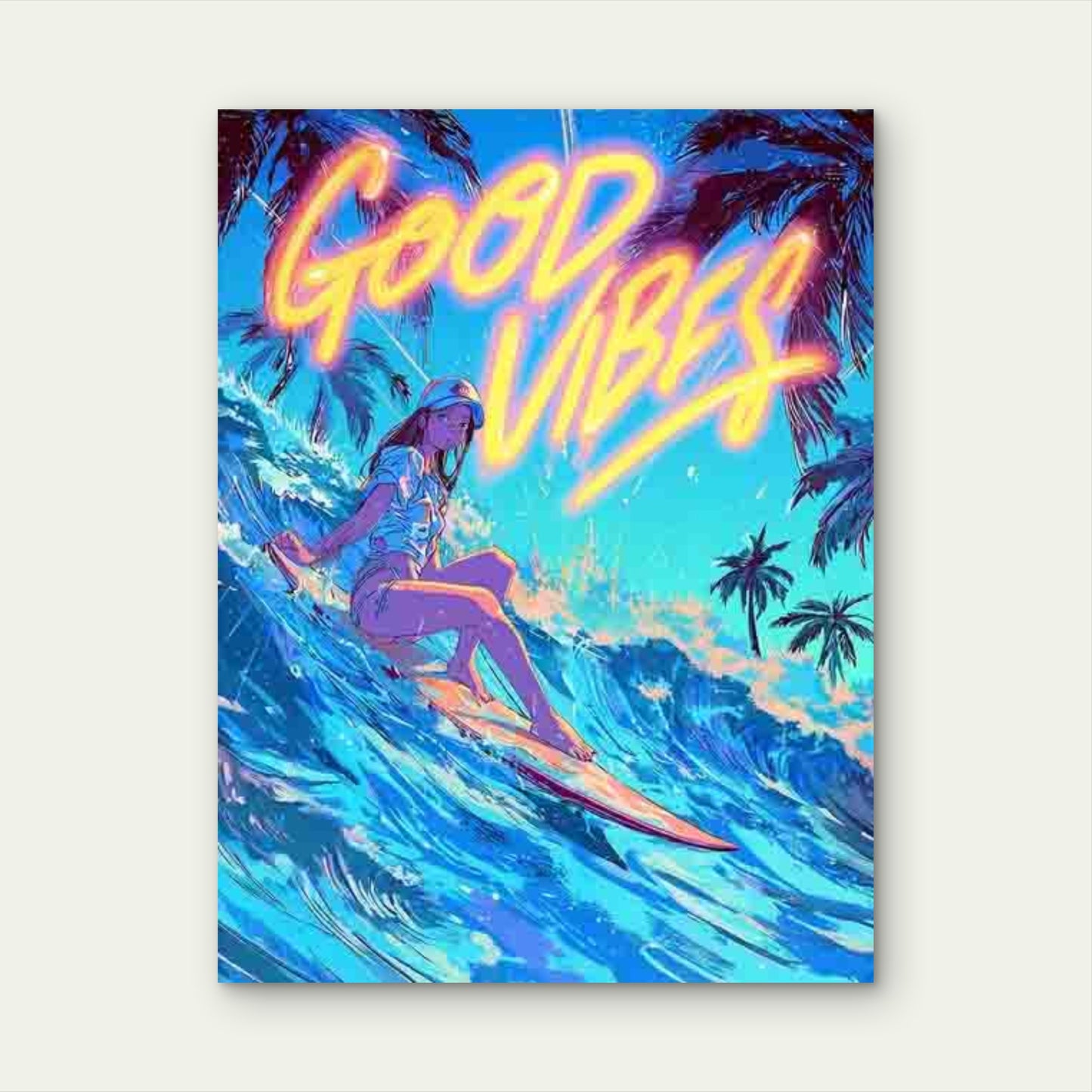 Good Vibes Only Surfing Woman & Tropical Palm Trees 60x90cm Metal Print Ready to Hang