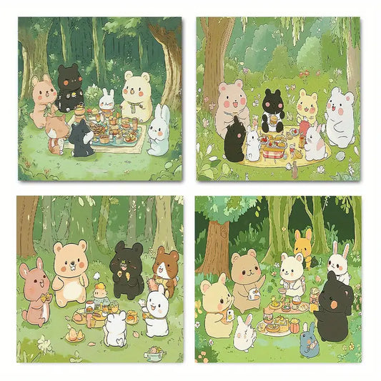 4pcs   Vintage Forest Picnic FG      Wall Art Canvas Framed