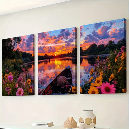 3pcs River at Dusk Peaceful Landscape Wall Art Set Canvas Framed 60x90cm - High Quality Print 100% Australian Made Wall Canvas Ready to Hang