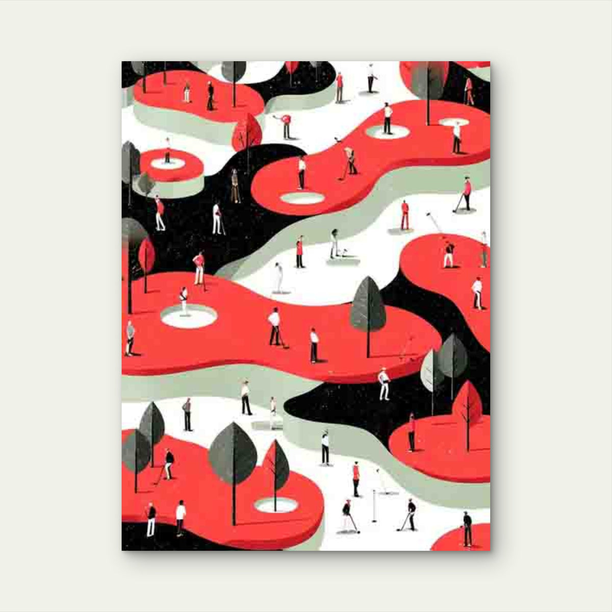 Golf Course Landscape with Red Putting Green, Swing Players 60x90cm Metal Print Ready to Hang