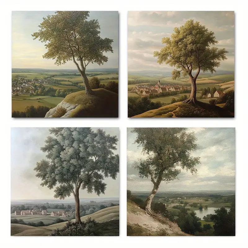 4pcs Country Tree Chimney Picture Wall Art Canvas Framed