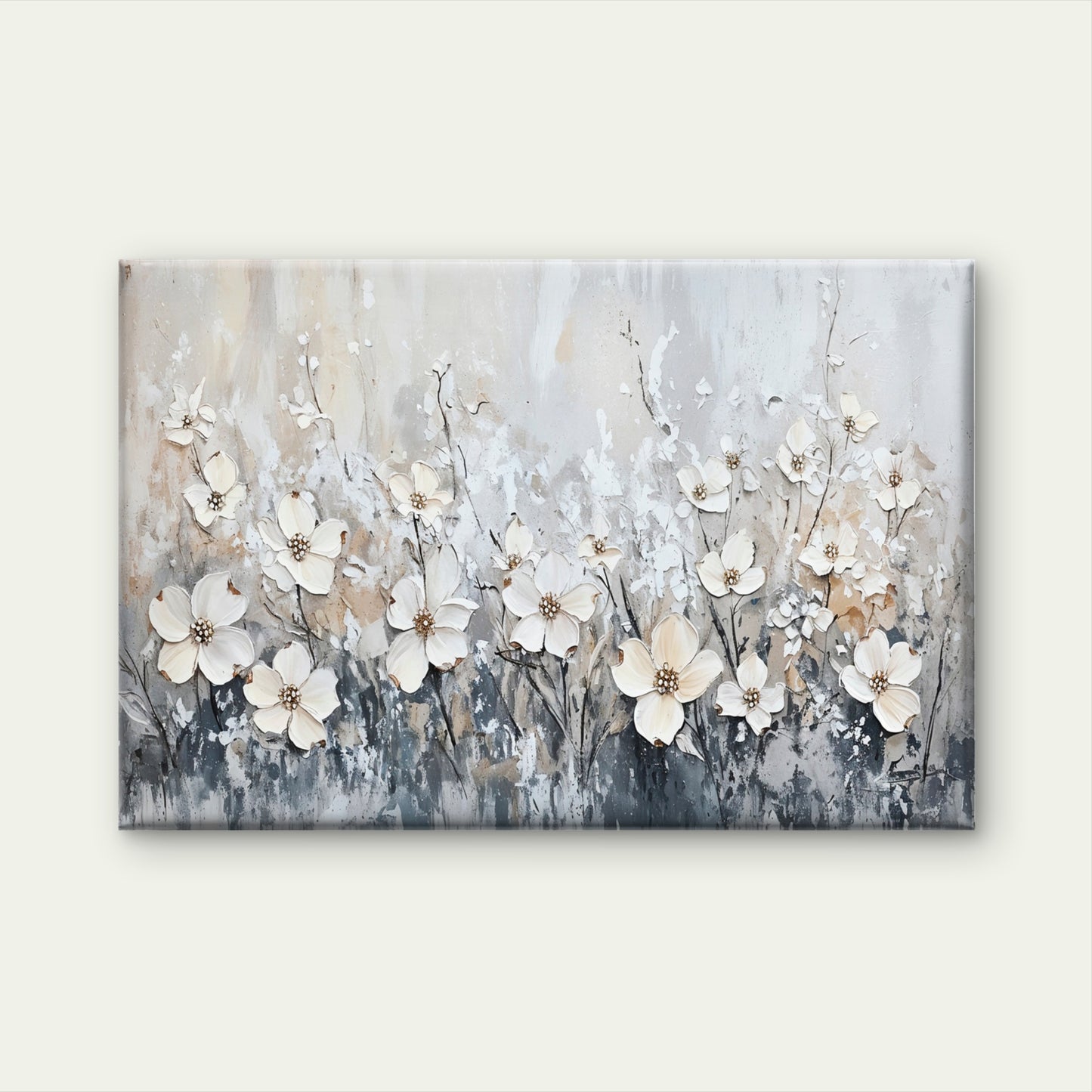 White Flowers in Grey Meadow Wall Art Decor 100% Australian Made