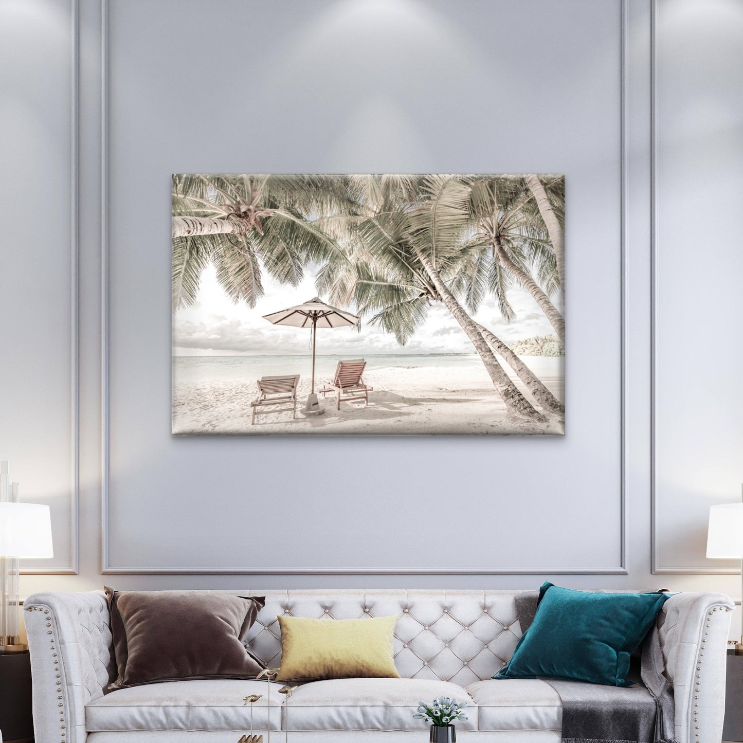 Beach Huts & Plam Trees Sea View Print 100% Australian Made