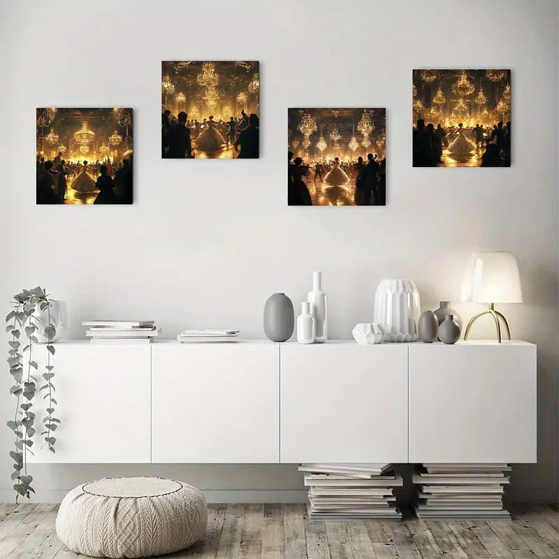 4pcs Elegant Golden Ballroom Dance Scene Wall Art Canvas Framed