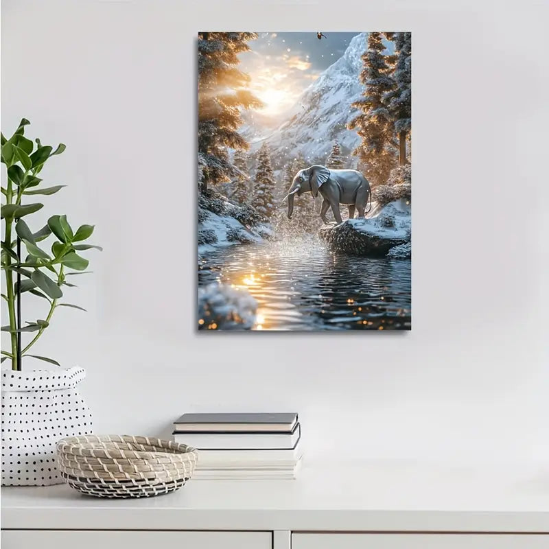 Steampunk Elephant in Snowy Mountain Stream 40x60cm Metal Print Ready to Hang