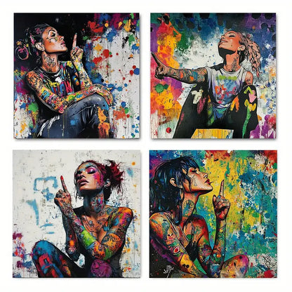 4pcs  Colorful Graffiti Women Paintings   Wall Art Canvas Framed