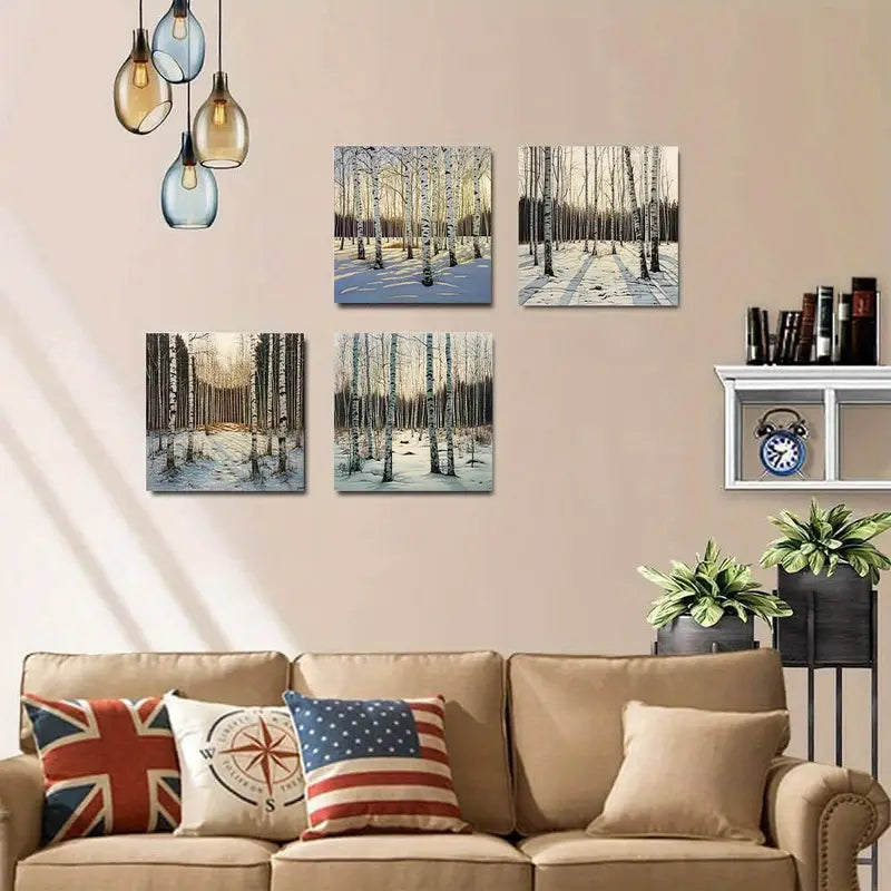 4pcs Birch Forest Theme Wall Art Canvas Framed
